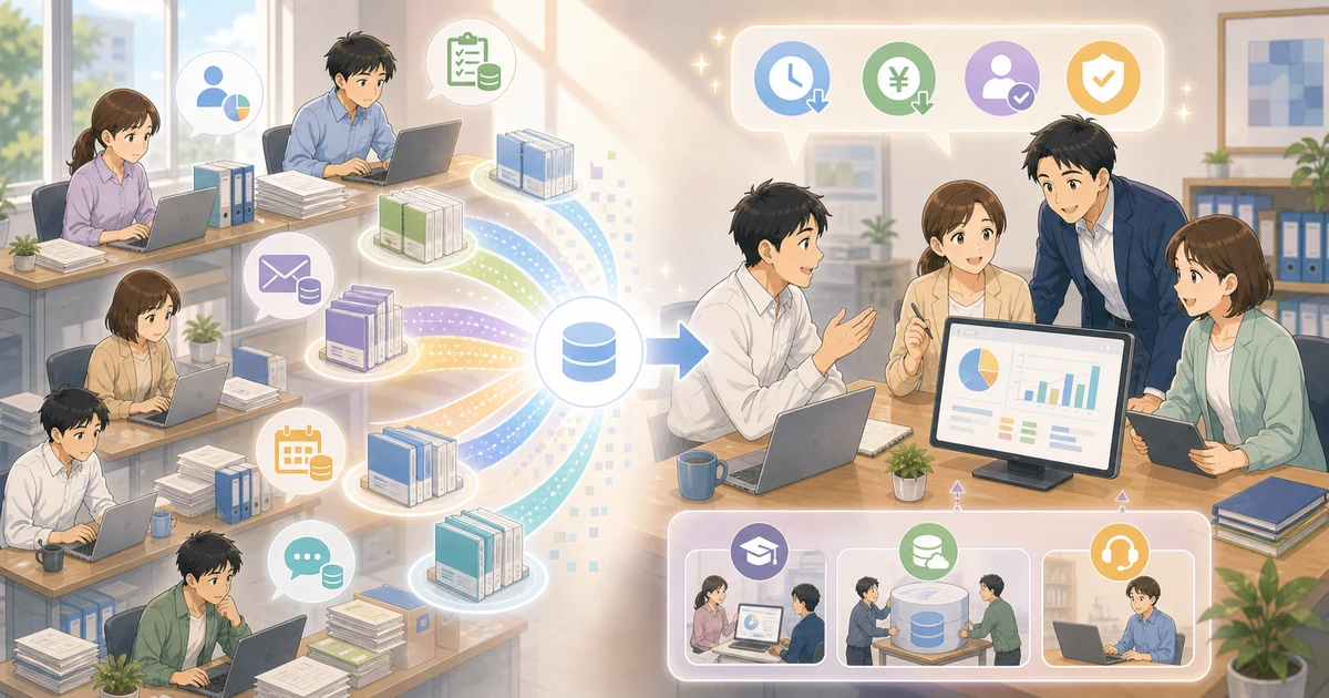 複数ツールの一本化がもたらす運用コストの変化を表すソフトアニメ風のビジネスイラスト